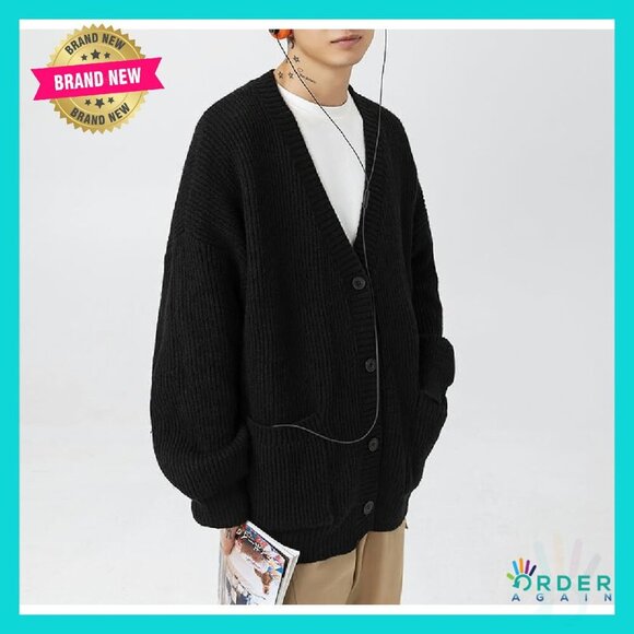 V-Neck Cable Knit Cardigan Sweater Oversized Grunge Y2K Streetwear - Picture 3 of 8